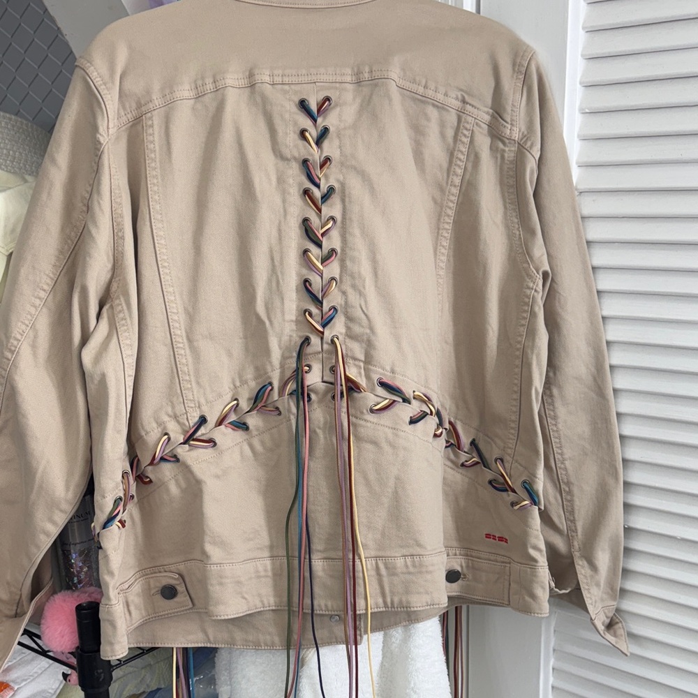 Peace Love World Cream Jean Jacket with Colorful Lace-Up Sleeves - Picture 8 of 15